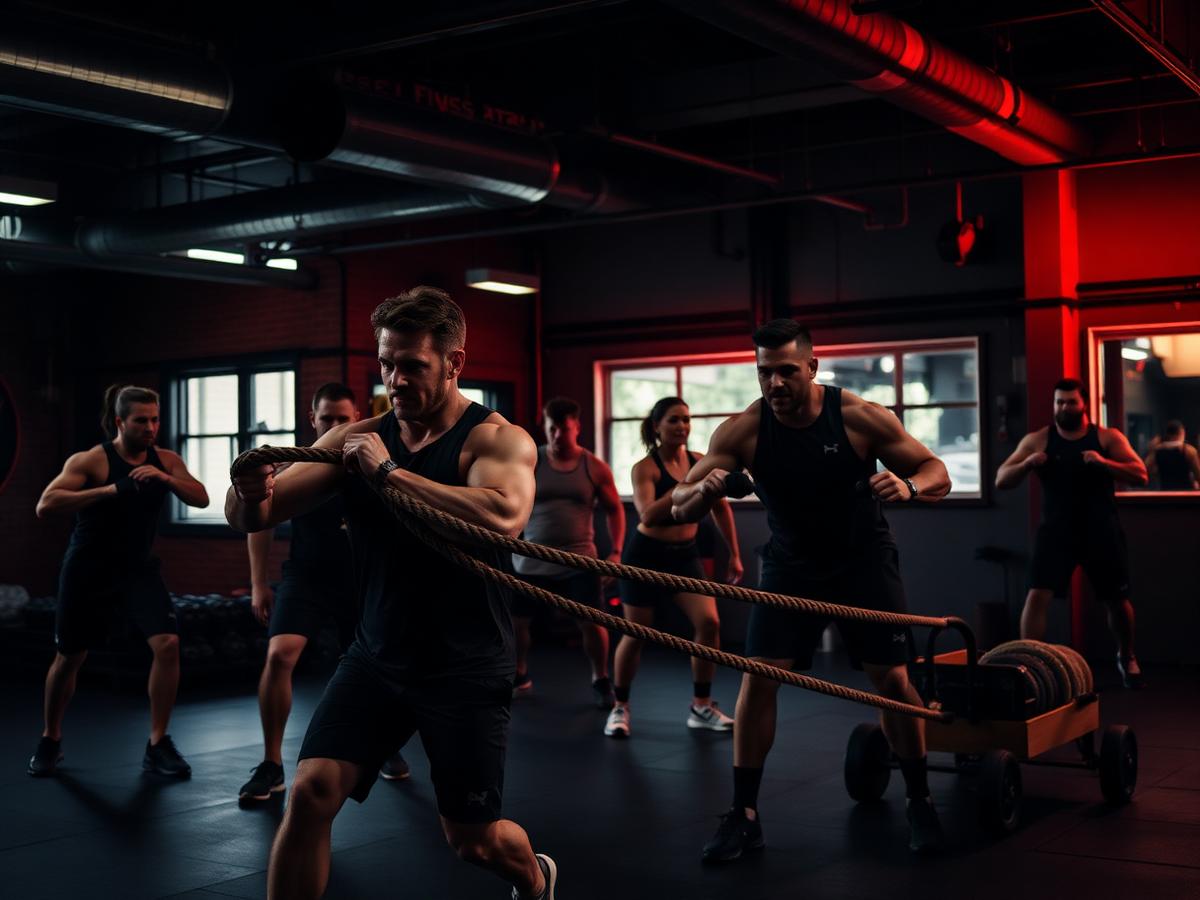 Group functional fitness class training with ropes and a sled